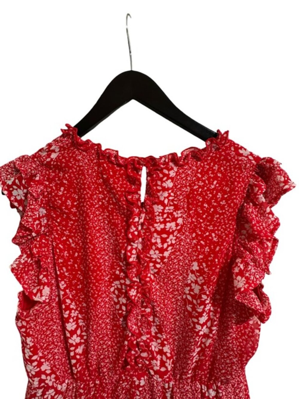 In Loom Red Floral V-Neck Tiered Ruffle Cap Sleeve Mini Dress - Size Large - Picture 7 of 12